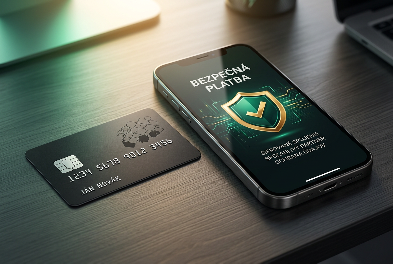 Infografika zobrazujúca smartfón s logom bezpečnej platby a neoznačenú platobnú kartu na čistom pozadí